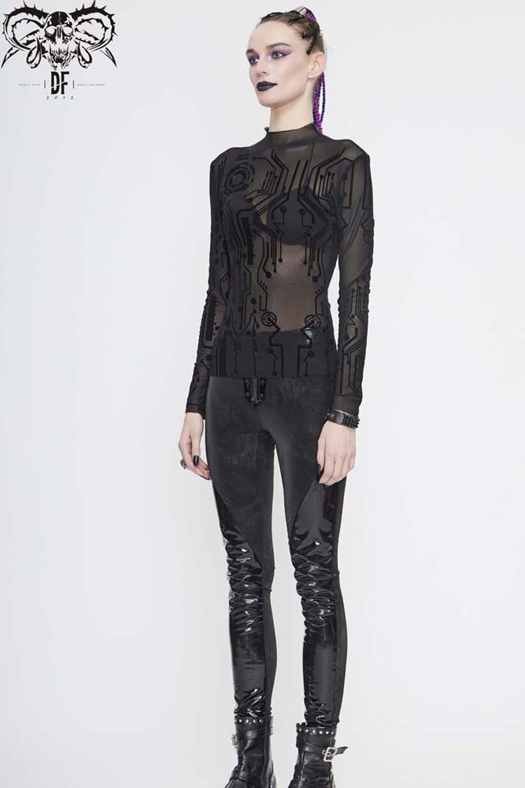 Black Long Sleeve The Printed Flocking Mesh Rough Selvedge Women's Punk Shirt - Product - 6