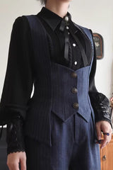 Blue [Griffin’s Pact] Bust Support Striped Printed Gothic Ouji Lolita Shorts Vest Set - Vest - 4