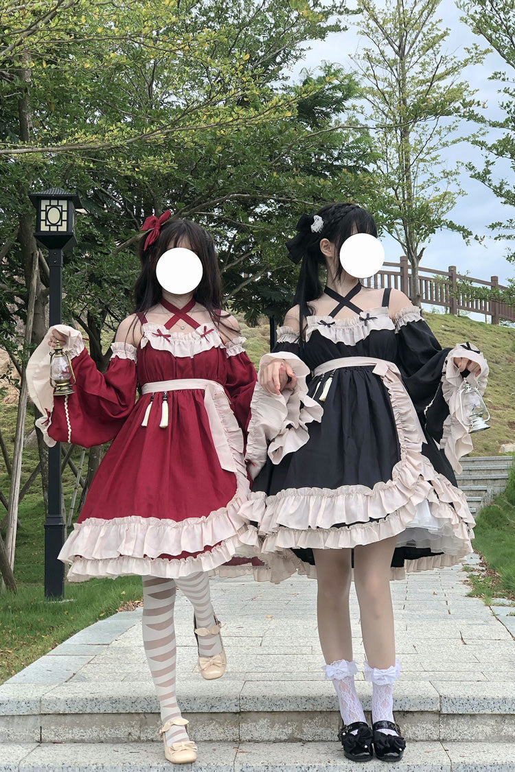 Red [Monet Estate] Sleeveless High Waisted Ruffle Bowknot Asymmetric Gothic Lolita Jsk Dress - Product - 10