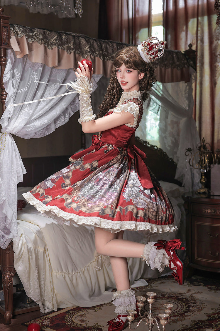 Red [Mystery Bunny] Sleeveless Jacquard Printed Ruffled Bow Lace Classic Lolita Jsk Dress Set - Product - 10