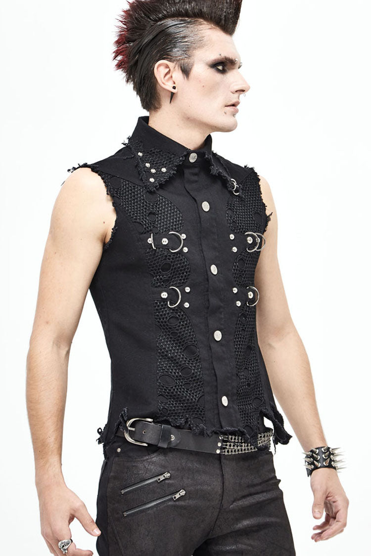 Black Worn Out Twill Mesh Decoration Rough Selvedge Hem Heavy Metal Men's Punk Waistcoat - Product - 4