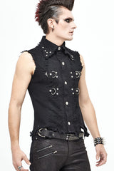 Black Worn Out Twill Mesh Decoration Rough Selvedge Hem Heavy Metal Men's Punk Waistcoat - Product - 4