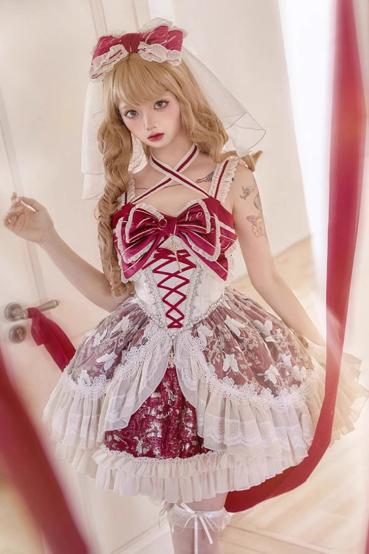 Red [Lilibet] Print Ruffle Cardigan Bowknot Lace Fishbone Sweet Lolita Dress - Product - 9