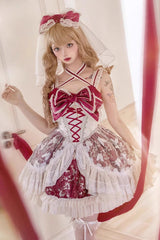 Red [Lilibet] Print Ruffle Cardigan Bowknot Lace Fishbone Sweet Lolita Dress - Product - 9