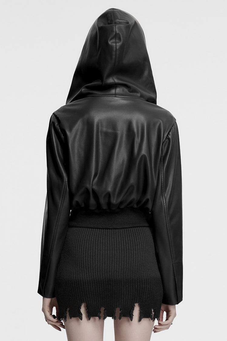 Black Long Sleeves Elastic Waist Faux Leather Hooded Women's Punk Jacket - Product - 3