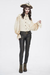 Beige Stand Collar Lantern Sleeves Print Lace Women's Punk Blouse - Product - 2