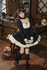 [Liya] Square Collar Long Lantern Sleeves Multi-Layered Ruffled Classic Elegant Lolita Dress 2 Colors (Black, Red) - Product - 19