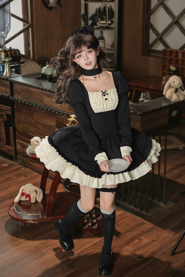 [Liya] Square Collar Long Lantern Sleeves Multi-Layered Ruffled Classic Elegant Lolita Dress 2 Colors (Black, Red) - Product - 19