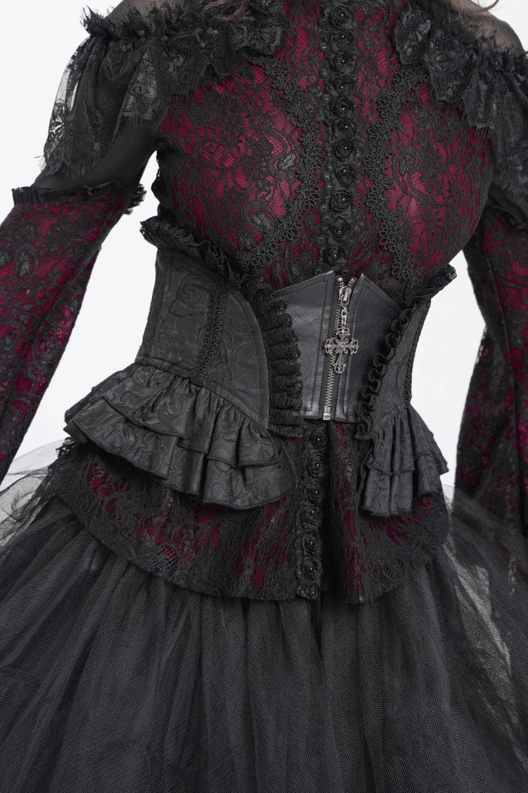 Black Printed Spliced Lace Lace-Up Slim Zippered Women's Gothic Palace Corset - Product - 7