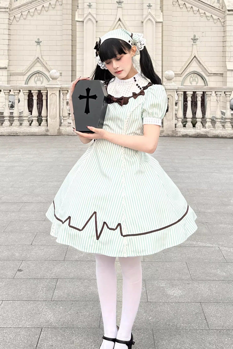 Light Green [Mint Prescription] Stand Collar Short Sleeves Vertical Stripe Printed Bow Sweet Lolita Nurse Dress - Product - 21