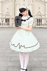 Light Green [Mint Prescription] Stand Collar Short Sleeves Vertical Stripe Printed Bow Sweet Lolita Nurse Dress - Product - 21