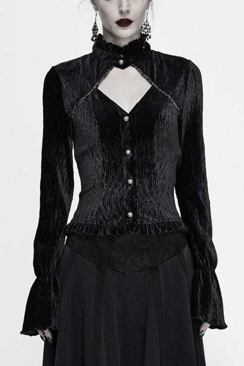 Black Velvet Lantern Sleeves Swallowtail Womens Gothic Blouse - Black - 1