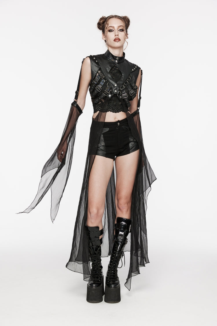 Black Stand Collar Sheer Women's Punk Removable Cape - Product - 2