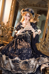Blue [Unicorn] V Collar Short Sleeves Empire Motif Print Embroidery Bowknot Lace Sweet Elegant Lolita Dress - Product - 7