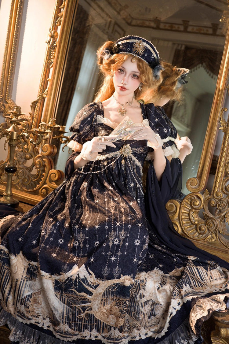 Blue [Unicorn] V Collar Short Sleeves Empire Motif Print Embroidery Bowknot Lace Sweet Elegant Lolita Dress - Product - 7