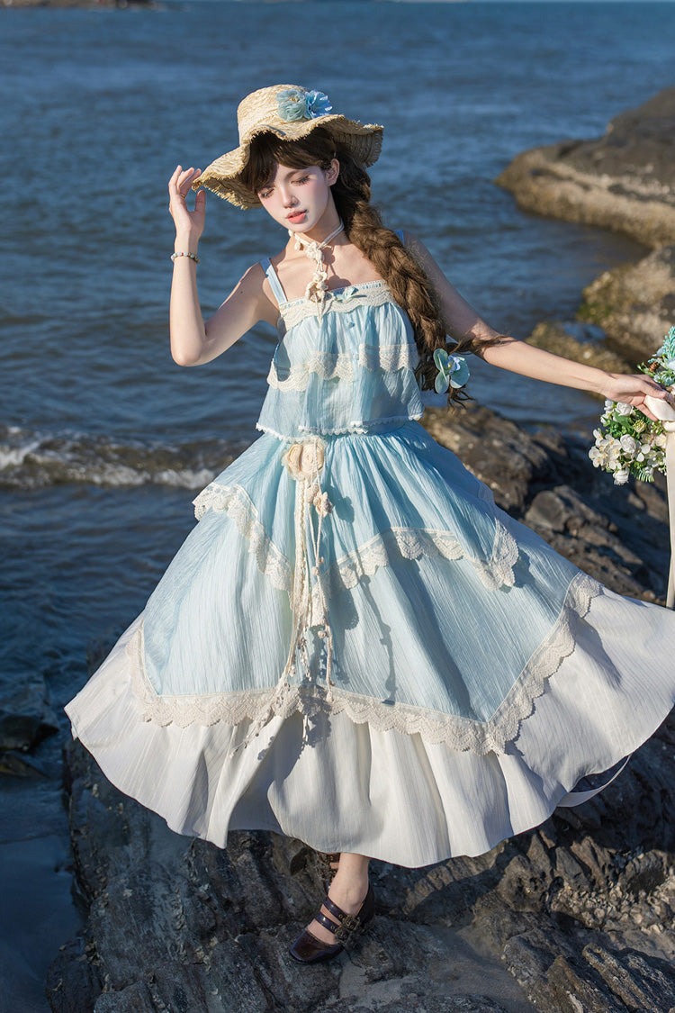 [Summer of Bluebells] Square Collar Sleeveless Jacquard Ruffled Asymmetric Sweet Lolita Skirt Set 2 Colors (Blue/Green, Ivory) - Product - 21