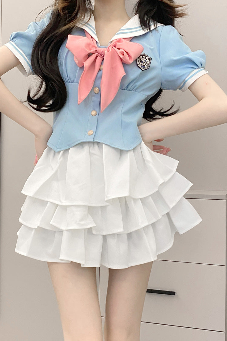 Short Sleeves Multi-layer Ruffle Bowknot Sweet College Style Japanese School Skirt Set 4 Colors - Product - 6