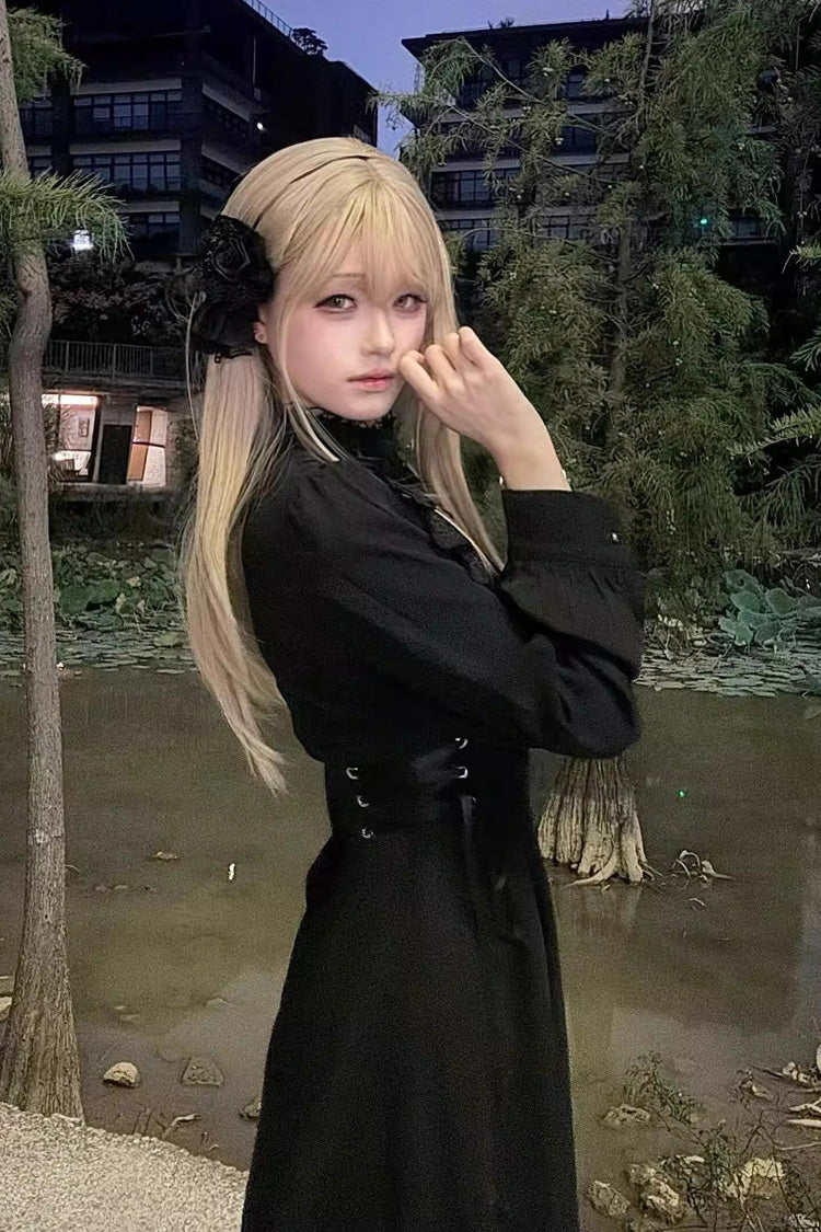 Black Stand Collar Long Sleeves Ruffled Lace-Up Gothic Lolita Dress - Product - 6