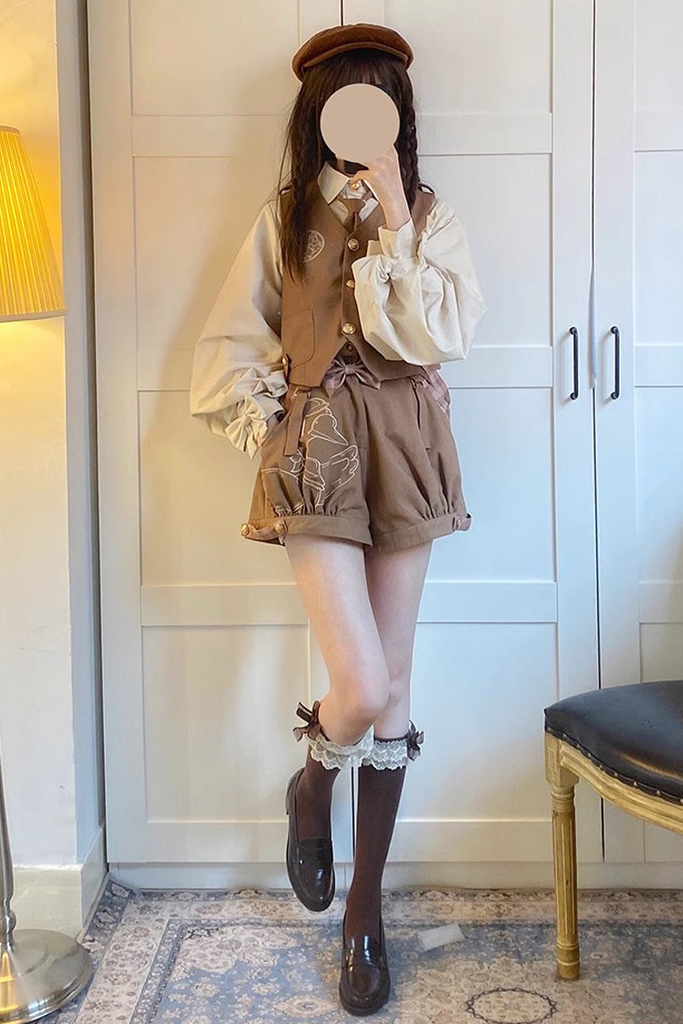 Brown Detective Goose Rivet Buttons Ouji Lolita Shorts - Brown - 1