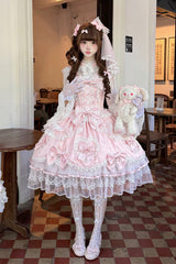 Pink [Sweetheart] Sleeveless Multi-Layered Embroidered Bow Lace Lace-Up Sweet Lolita Jsk Dress - Product - 10