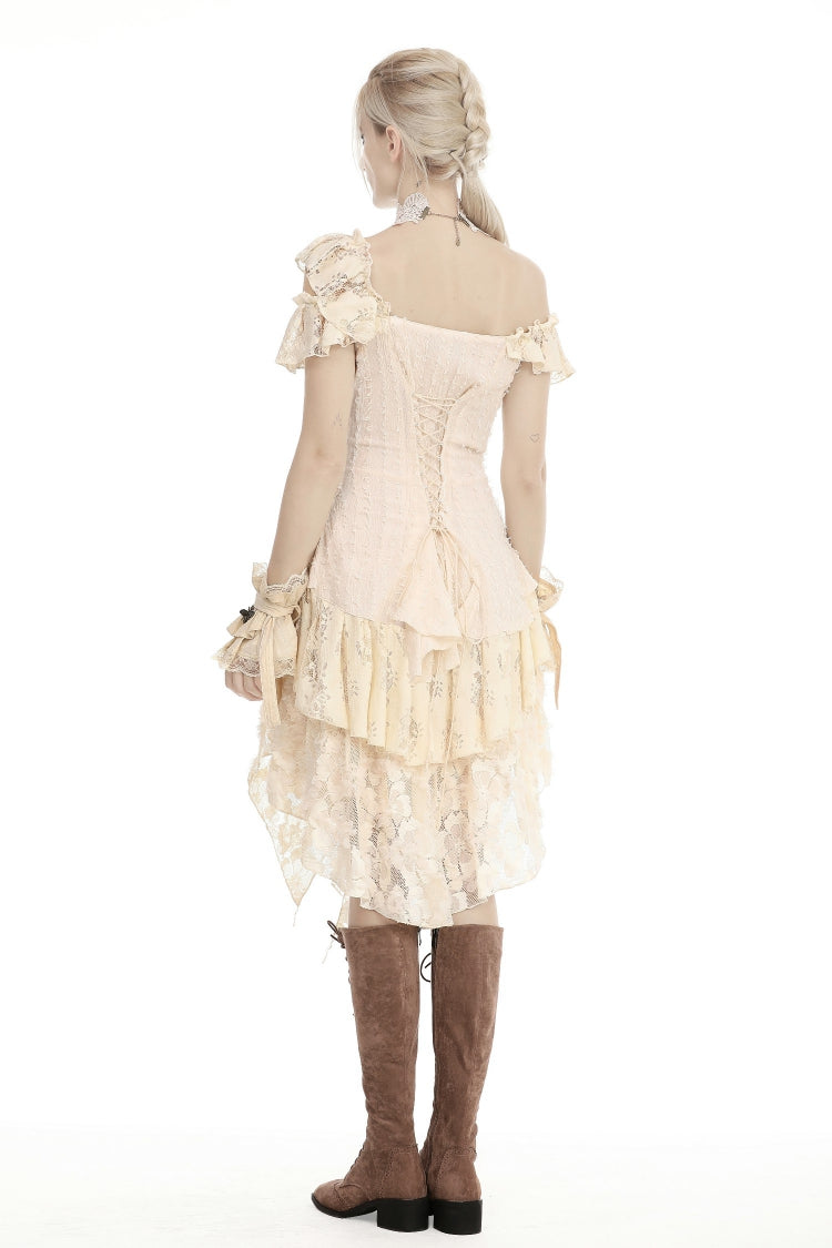 Beige Irregular Multi-Layered Ruffled Lace Women's Steampunk Vintage Dress - Product - 4