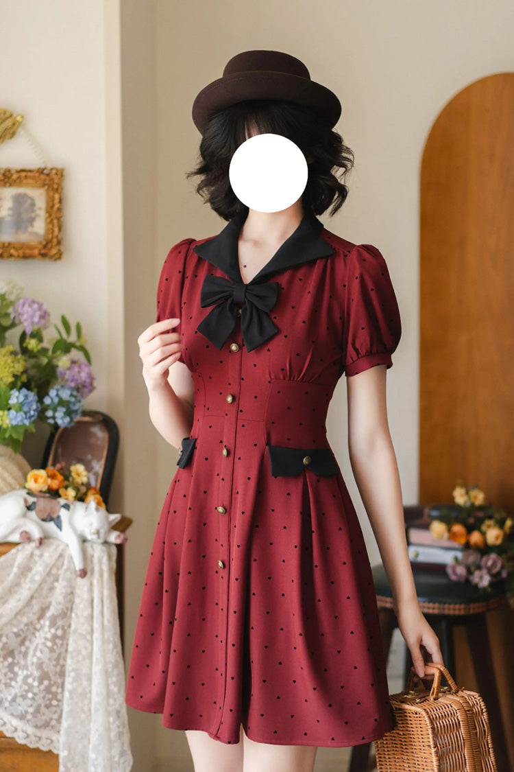 Red [Forest Boulotty] Lapel Collar Short Sleeves Heart-Shaped Polka Dot Printed Bow Sweet Lolita Dress - Product - 6