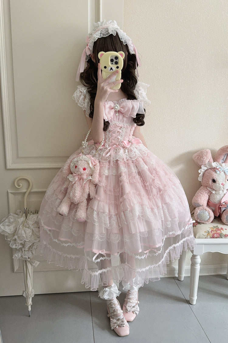 Pink [Eternal Vow] Sleeveless Multi-Layered Ruffle Hanayome Bowknot Lace Lace-Up Sweet Lolita Jsk Dress - Product - 7