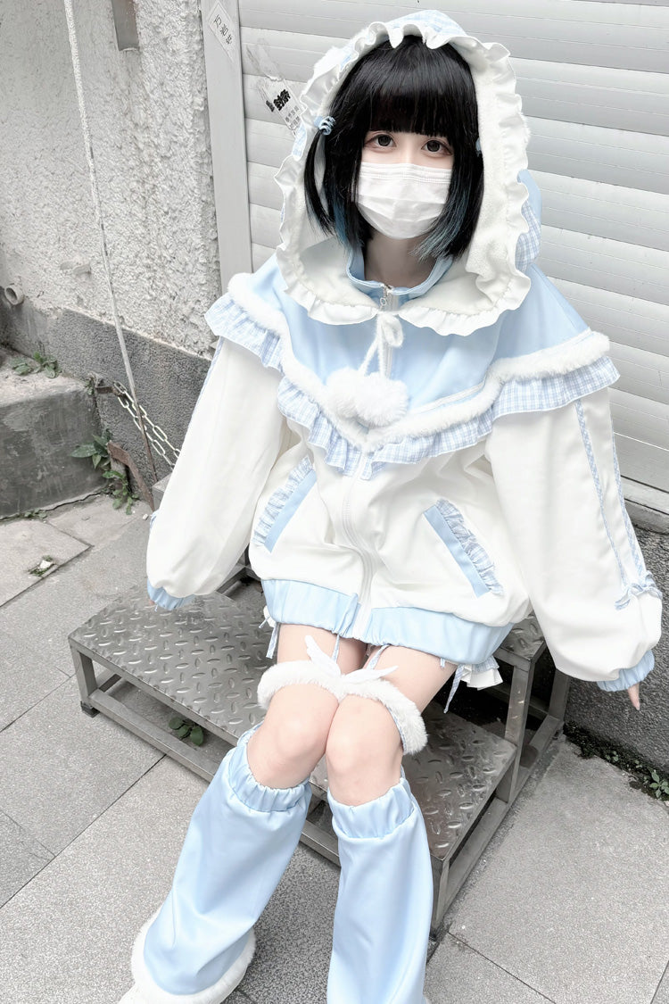 White/Blue [Sweet Star Bear] Long Sleeves Ruffle Hooded Japanese Jirai Kei Sports Coat - Product - 2