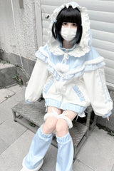 White/Blue [Sweet Star Bear] Long Sleeves Ruffle Hooded Japanese Jirai Kei Sports Coat - Product - 2
