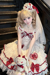 White [Polka-Dot Love Letter] Sleeveless Double-Layered Bowknot Lace Pearl Sweet Lolita Jsk Dress - Product - 10