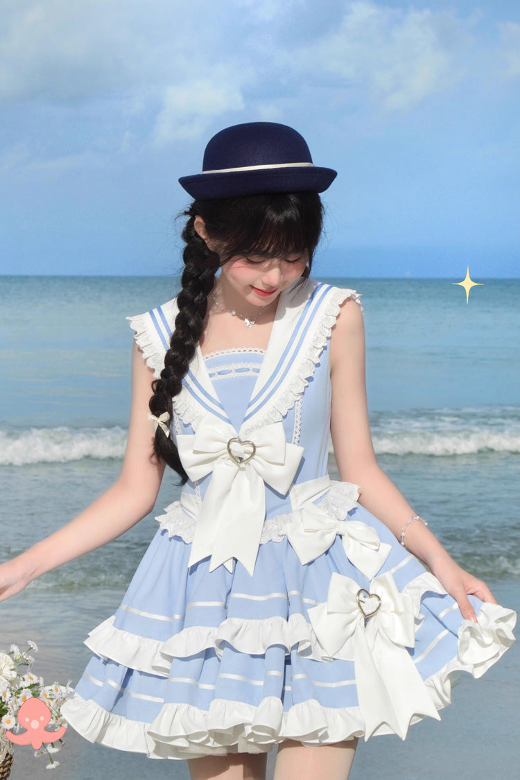 Light Blue Navy Style Sleeveless Double Layer Ruffle Bowknot Lace Sweet Lolita Dress - Product - 3