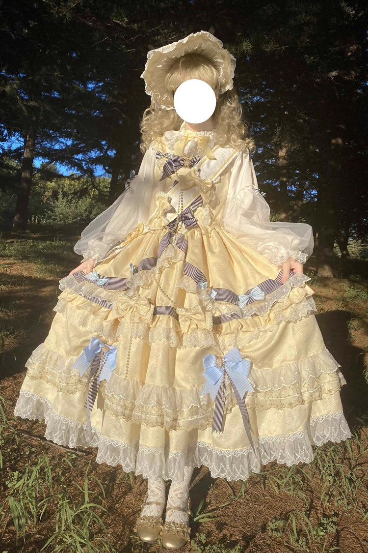 Gold Long Sleeves Multi-Layered Ruffle Bowknot Lace Sweet Princess Lolita Dress - Product - 10
