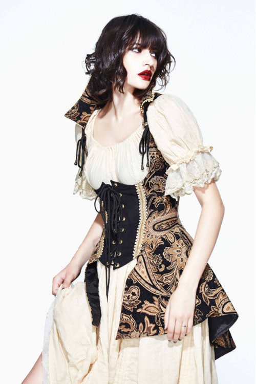 Brown Paisley Print Jacquard Bare Breast Lace Up Gothic Corset - Product - 4