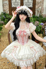 White/Pink Secret Garden Multi-layer Ruffle Bowknot Lace-Up Sweet Princess Lolita Jsk Dress - Product - 2