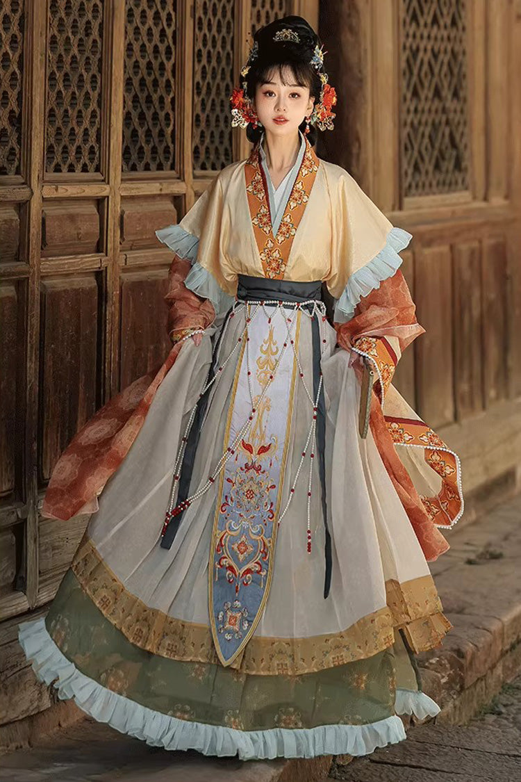 [Cloud-Clad Fairy] Long Sleeves Printed Ruffled Embroidered Classic Chinese Style Hanfu Dress Set 2 Colors - Product - 8