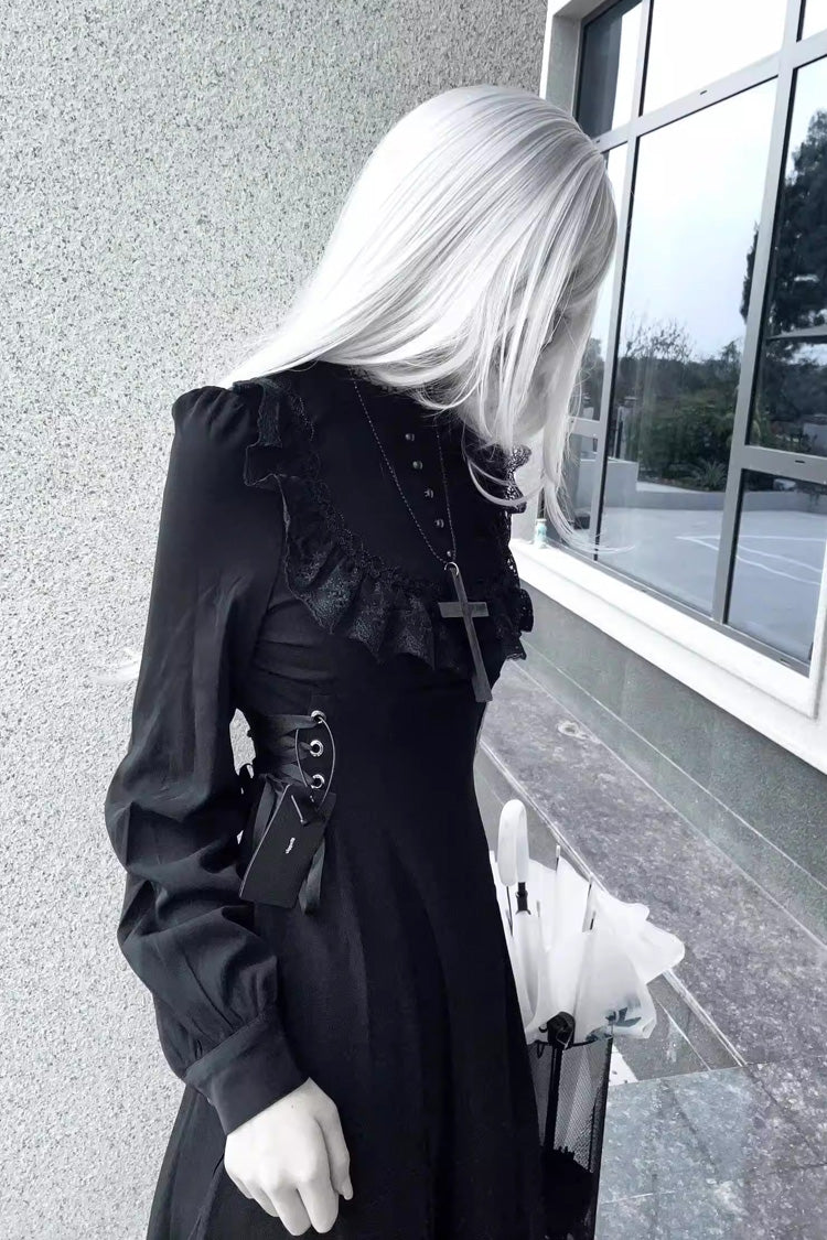 Black Stand Collar Long Sleeves Ruffled Lace-Up Gothic Lolita Dress - Product - 3