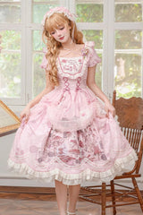 Pink Rabbit Print Square Collar Short Sleeves Ruffle Bowknot Lace Sweet Lolita Dress - Product - 6