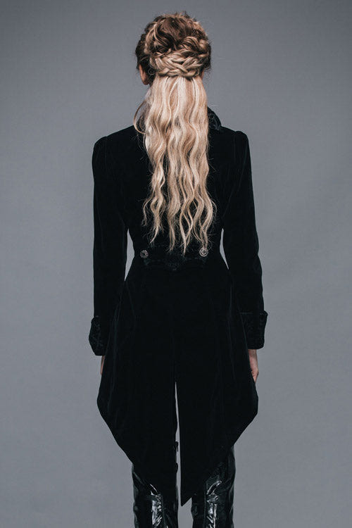 Black Embroidered High Collar Dovetail Velveteen Womens Gothic Coat - Product - 7