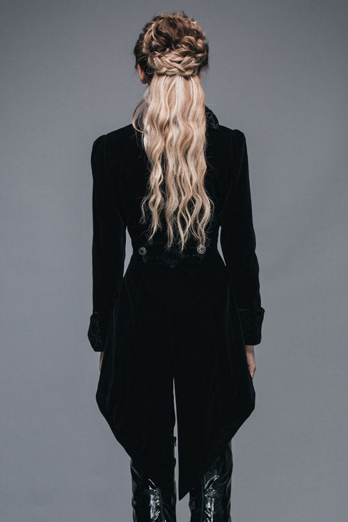 Black Embroidered High Collar Dovetail Velveteen Womens Gothic Coat - Product - 7