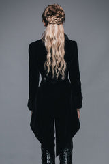 Black Embroidered High Collar Dovetail Velveteen Womens Gothic Coat - Product - 7