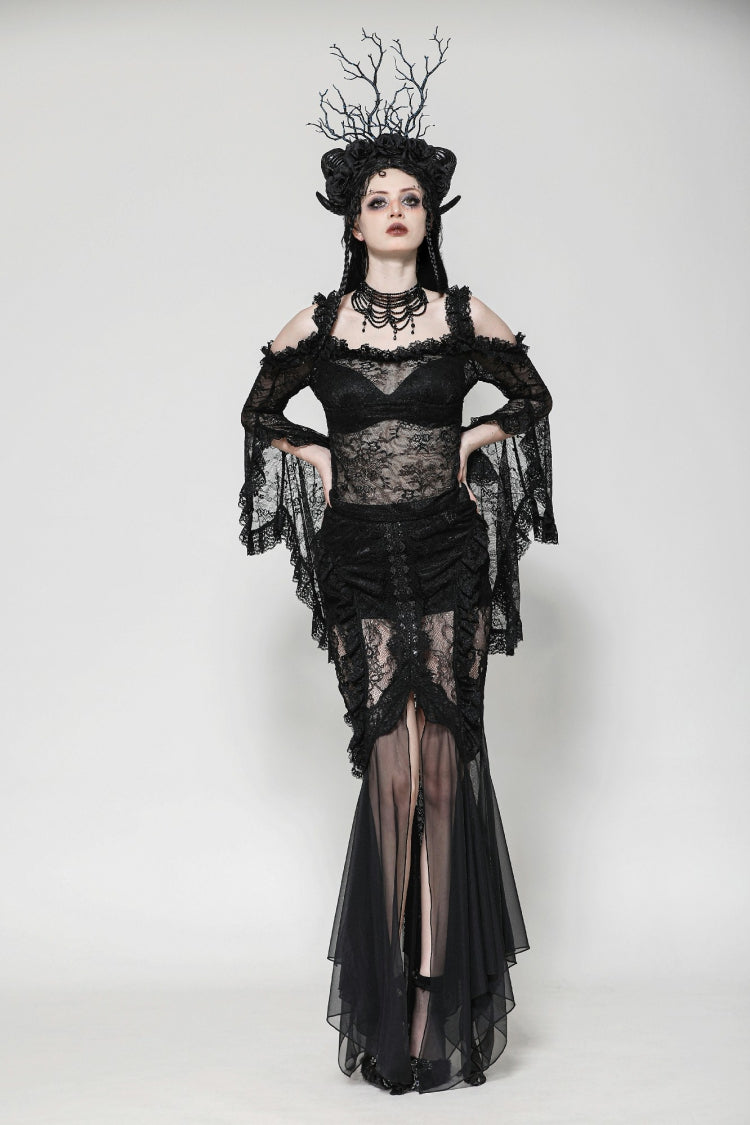 Black Lace-Up Mesh Spliced Lace Women's Gothic Fishtailed Skirt - Product - 5