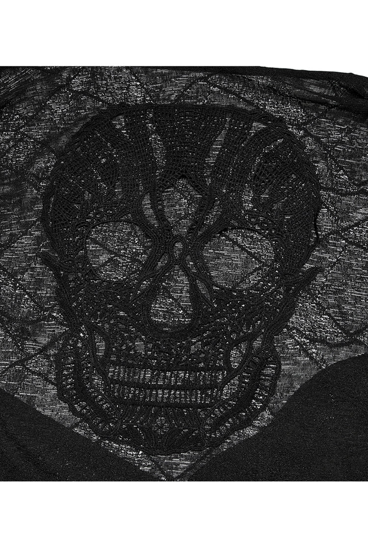 Black Soft Knitting Mottled Texture Asymmetric Hem Skull Decal On The Back Women's Plus Size Gothic Jacket - Product - 8