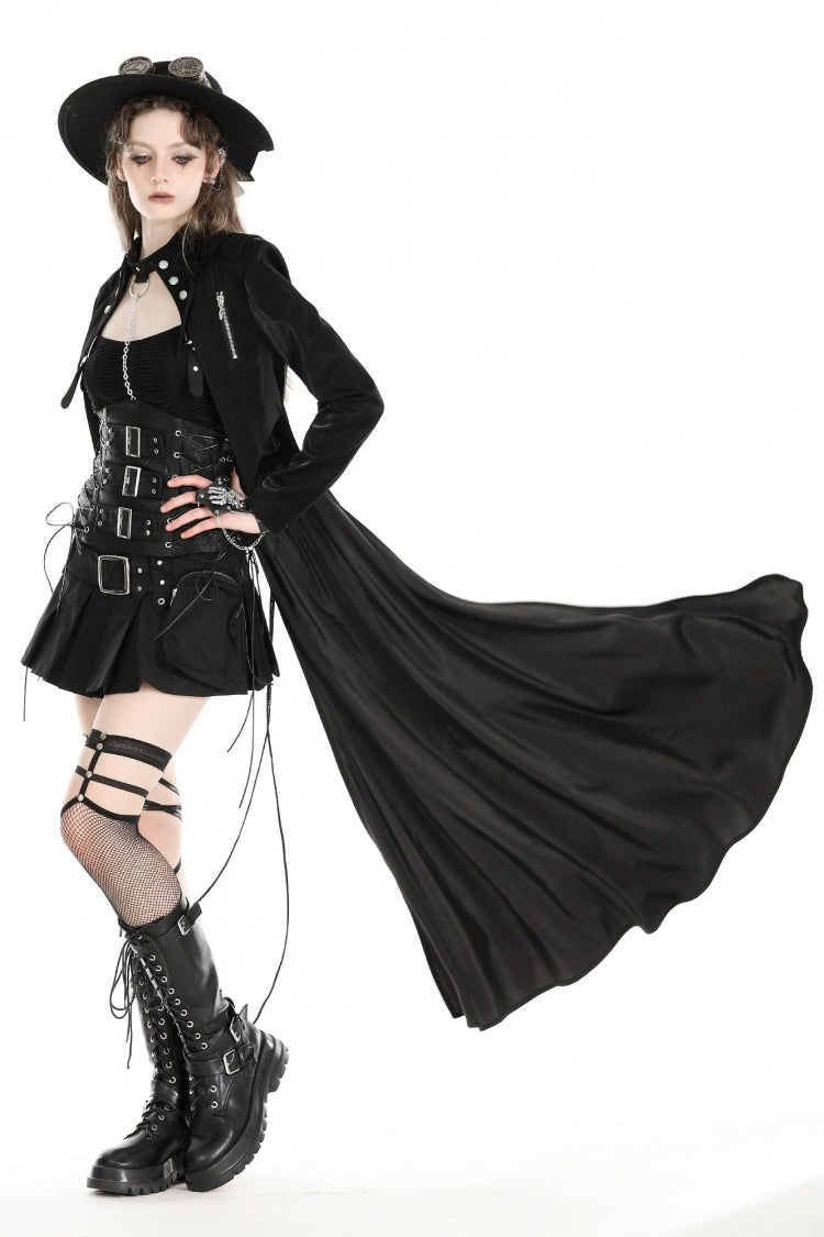 Black Long Sleeves Spliced Lace-Up Women's Gothic High Low Faux Leather Long Tail Jacket - Product - 2