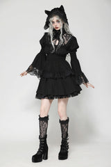 Black Lace Ruffled Stand Collar Long Puff Sleeves Cut-Out Women's Gothic Grad Dress - Product - 10