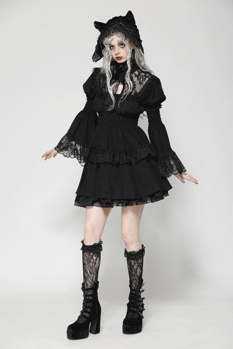 Black Lace Ruffled Stand Collar Long Puff Sleeves Cut-Out Women's Gothic Grad Dress - Product - 10