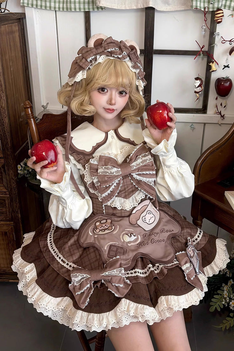 Brown [Hot Cocoa Little Bear] Sleeveless Print Ruffle Bowknot Lace Sweet Lolita Jsk Dress - Product - 4