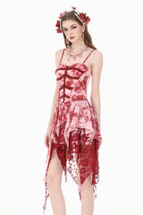 Red/White Multi-Layered Asymmetric Tie-dyed Women's Gothic Slip Dress - Product - 2