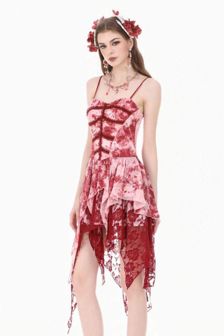 Red/White Multi-Layered Asymmetric Tie-dyed Women's Gothic Slip Dress - Product - 2