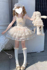 Apricot [Butterfly Heart Ballet] Triple-Layered Ruffle Bowknot Lace Sweet Ballet Lolita Jsk Dress - Product - 4