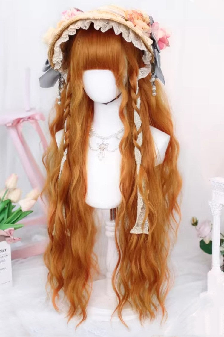 Orange Brown Long Wavy Wig Blunt Bangs Sweet Daily Lolita - Product - 3